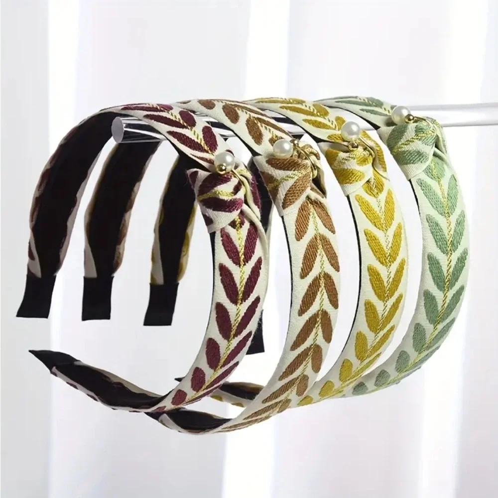 Yellow Floral Embroidered Faux Pearl Knotted Headband